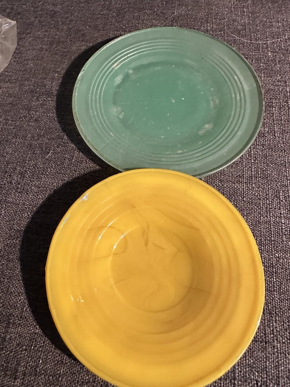 Vintage Style Green Plate Yellow Bowl Pottery Lot of 2 Ringed Design